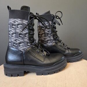 GUESS Women's Boots Size 6 Knit Combat Lace Up Black Vegan Leather Winter Grunge